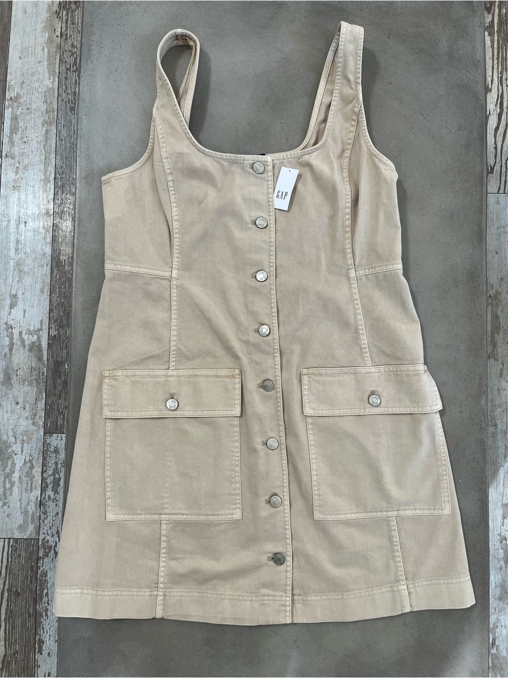GAP Utility Button Down Mini Dress Khaki Beige Cotton Size L NWT